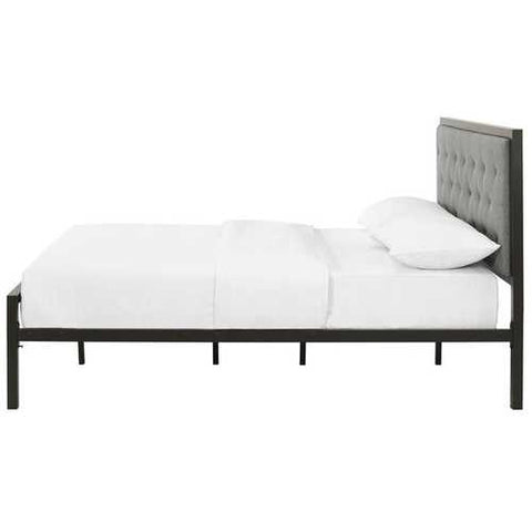 Image of Full size Metal Platform Bed with Grey Upholstered Button Tufted Fabric Headboard