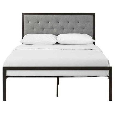 Image of Full size Metal Platform Bed with Grey Upholstered Button Tufted Fabric Headboard