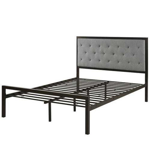 Image of Full size Metal Platform Bed with Grey Upholstered Button Tufted Fabric Headboard