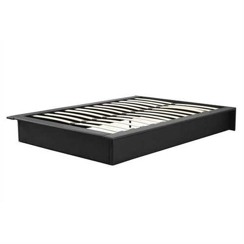 Image of Full size Modern Padded Faux Leather Platform Bed Frame in Black with Wooden Slats