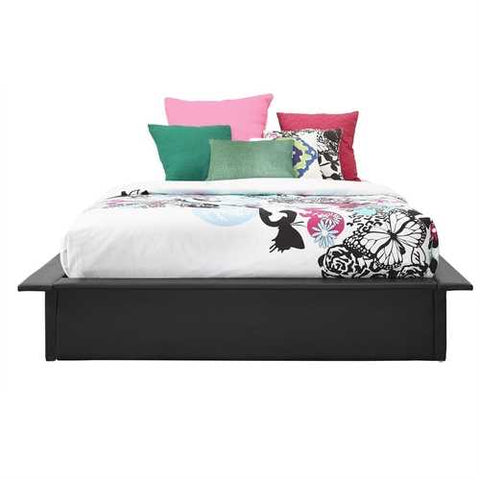 Image of Full size Modern Padded Faux Leather Platform Bed Frame in Black with Wooden Slats