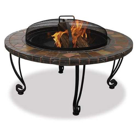 Image of Marble and Slate 34-inch Fire Pit with Copper Accents and Wrought Iron Stand