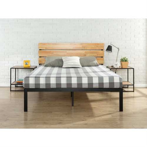 Image of Full size Metal Platform Bed Frame with Wood Slats and Headboard