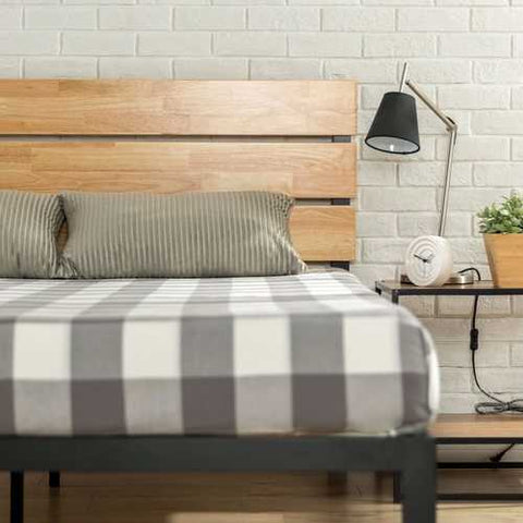 Image of Full size Metal Platform Bed Frame with Wood Slats and Headboard