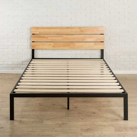 Image of Full size Metal Platform Bed Frame with Wood Slats and Headboard