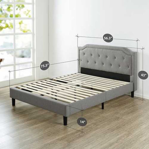 Image of Full size Grey Upholstered Platform Bed with Classic Button Tufted Headboard