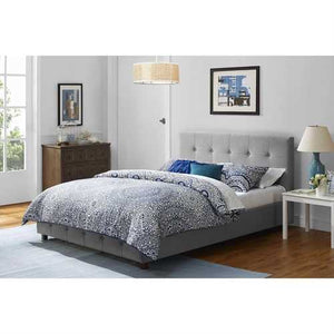 Full size Grey Linen Upholstered Platform Bed with Button-Tufted Headboard