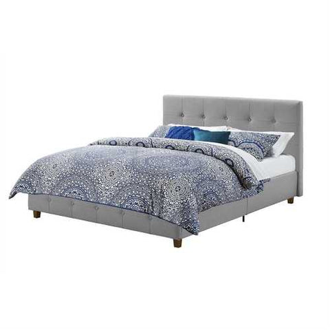 Image of Full size Grey Linen Upholstered Platform Bed with Button-Tufted Headboard