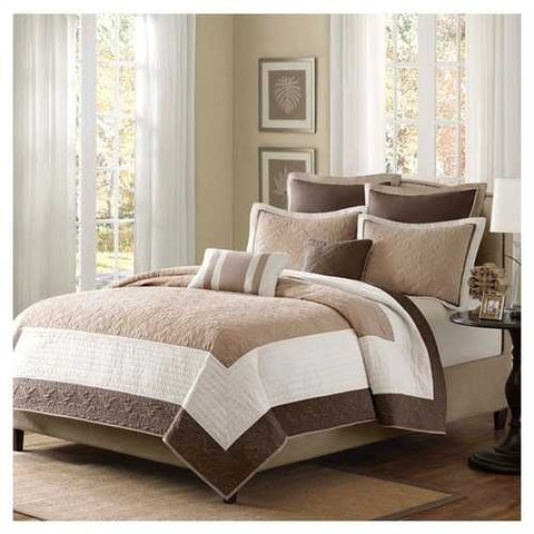 Image of Full / Queen Brown Ivory Tan Cream 7 Piece Quilt Coverlet Bedspread Set