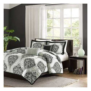 Full / Queen 5-Piece Black White Damask Print Comforter Set