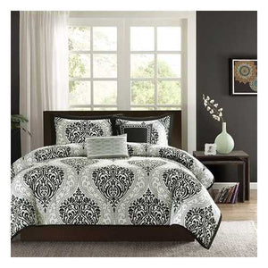 Full / Queen 5-Piece Black White Damask Print Comforter Set