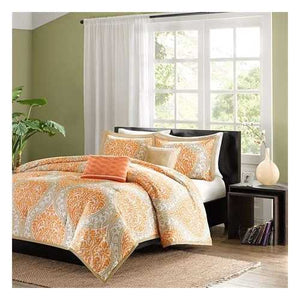 Full size Orange Damask Comforter Set with 2 Shams and 2 Decorative Pillows