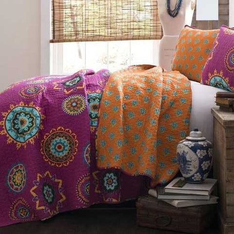 Image of Full / Queen Fushia Pink Orange Blue Paisley Geometric 100% Cotton 3 Piece Quilt Coverlet Bedspread Set