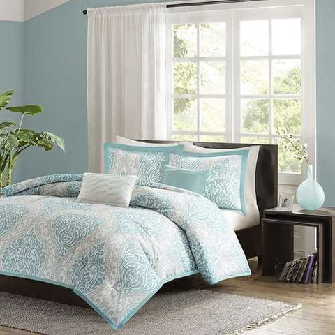 Image of Full / Queen size 5-Piece Damask Comforter Set in Light Blue White and Grey