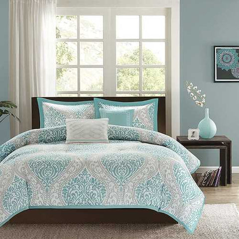 Image of Full / Queen size 5-Piece Damask Comforter Set in Light Blue White and Grey