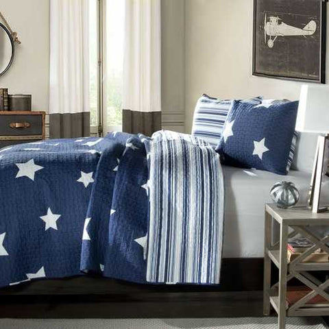 Image of Full / Queen Navy Stars And Stripes At Night Quilt Coverlet Bedspread Set