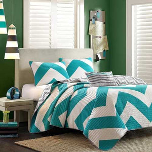 Full Queen size 3-Piece Quilt Set Reversible Chevron Stripe Gray White Teal