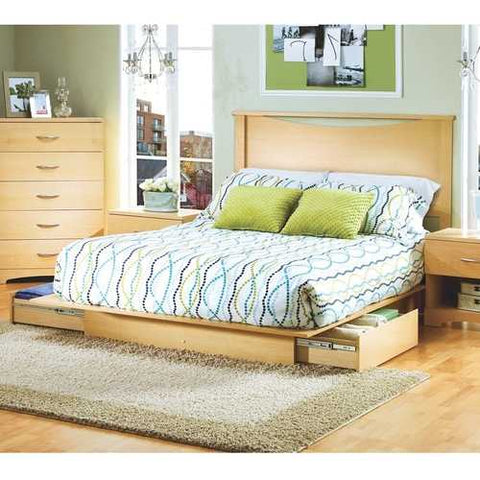 Image of Full / Queen Platform Bed with Storage Drawers and Headboard in Natural