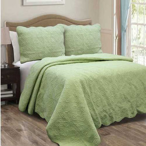 Full Queen Green Cotton Quilt Bedspread with Scalloped Borders