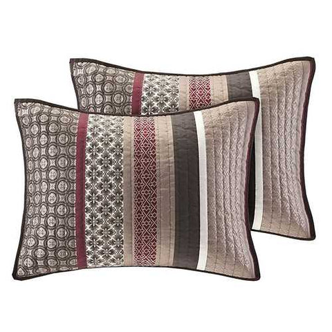 Image of Full / Queen Red Cream Espresso Leaf Stripped 5-Piece Quilt Coverlet Set