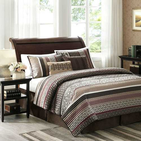 Image of Full / Queen Red Cream Espresso Leaf Stripped 5-Piece Quilt Coverlet Set