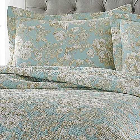 Image of Full / Queen 3-Piece Cotton Quilt Set in Seafoam Blue Beige Floral Pattern