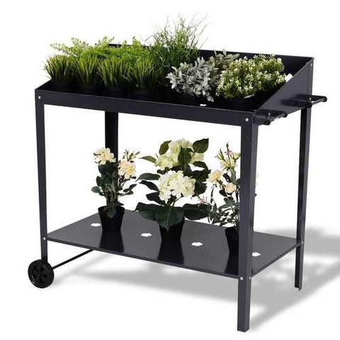 Image of Modern Black Steel Raised Planter Stand Cart with Wheels