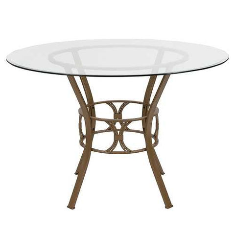 Image of Round 45-inch Clear Glass Top Dining Table with Matte Gold Metal Frame