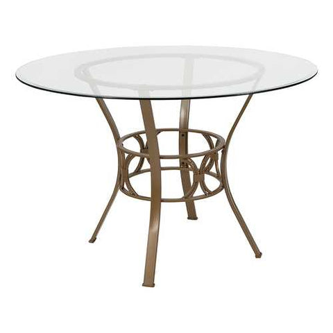 Image of Round 45-inch Clear Glass Top Dining Table with Matte Gold Metal Frame