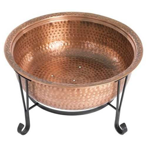 Image of Hammered Copper Fire Pit with Wrought Iron Stand and Spark Screen