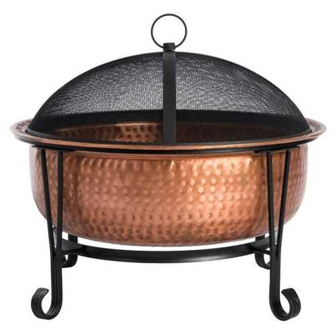 Image of Hammered Copper Fire Pit with Wrought Iron Stand and Spark Screen