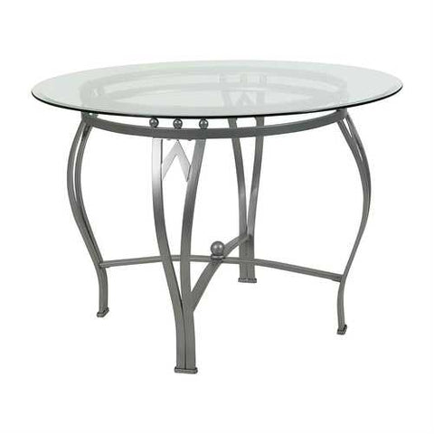 Image of Round 42-inch Clear Tempered Glass Dining Table with Silver Frame