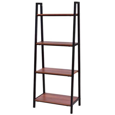 Image of Ladder Style 4-Shelf Bookcase in Black Steel Walnut Wood Finish