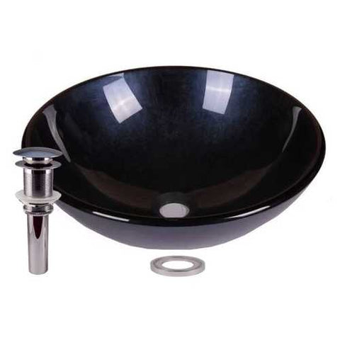 Image of Tempered Glass Dark Blue Round Bathroom Vessel Sink with Drain