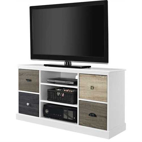 Image of White Wood Finish TV Stand with Multi Wood Grain Finish Drawer Door Fronts