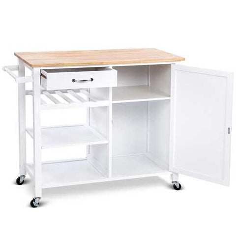 Image of Modern White Kitchen Island Cart with Wood Top and Wheels