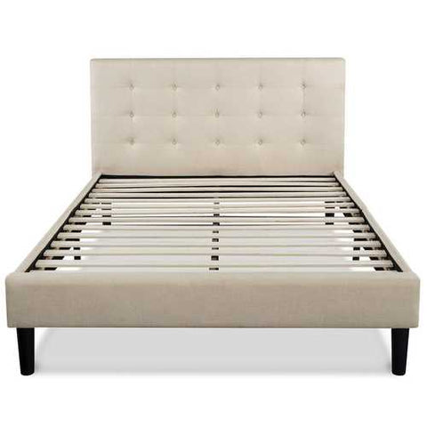 Image of Full size Platform Bed Frame with Taupe Button Tufted Upholstered Headboard