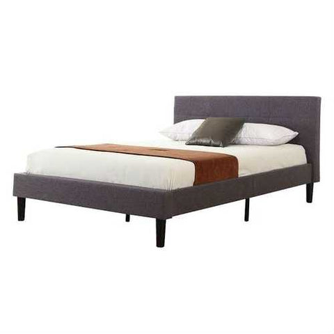 Image of Full size Grey Linen Upholstered Platform Bed Frame with Padded Headboard