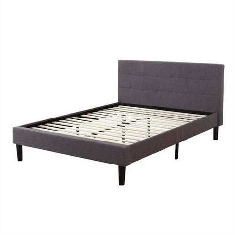 Image of Full size Grey Linen Upholstered Platform Bed Frame with Padded Headboard