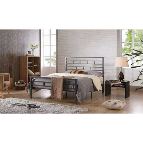 Image of Full Metal Platform Bed Frame with Headboard in Modern Titanium Silver Finish