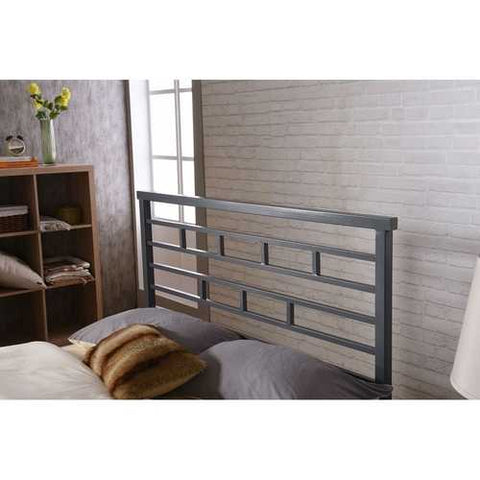 Image of Full Metal Platform Bed Frame with Headboard in Modern Titanium Silver Finish