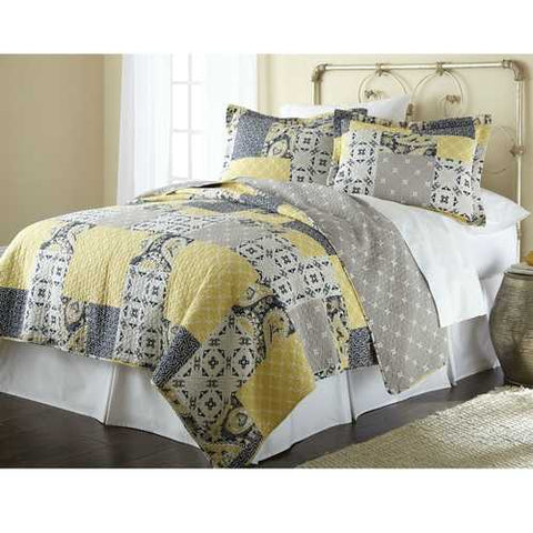 Image of Full / Queen Cotton Patchwork Quilt Set Yellow Grey Navy