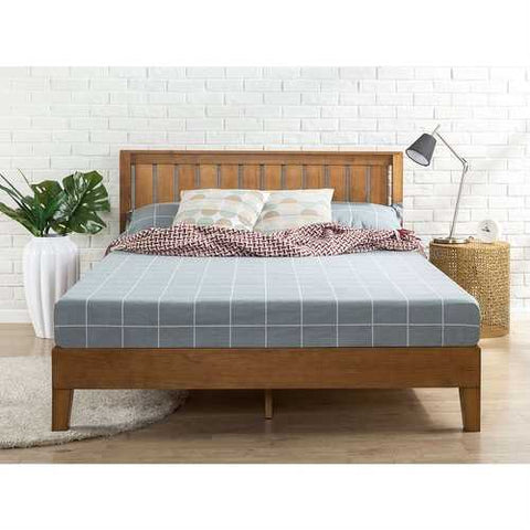 Image of Full size Solid Wood Platform Bed Frame with Headboard in Medium Brown Finish