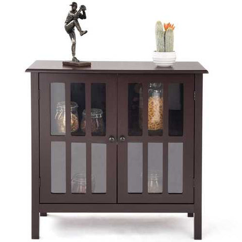 Image of Brown Wood Sideboard Buffet Cabinet with Glass Panel Doors