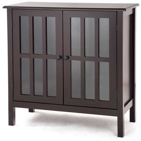 Image of Brown Wood Sideboard Buffet Cabinet with Glass Panel Doors