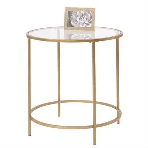 Image of Round Glass Top End Table Nightstand with Gold Metal Frame