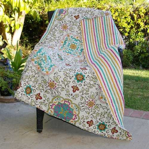 Image of 100% Cotton Throw Quilt Blanket with Bohemian Style Floral Pattern