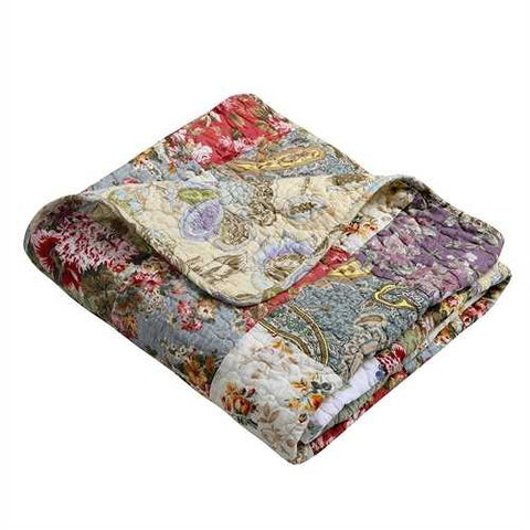 Image of Red Green Blue Purple Yellow White 100-Percent Cotton Floral Patchwork Quilt Throw Blanket