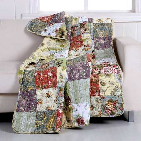 Image of Red Green Blue Purple Yellow White 100-Percent Cotton Floral Patchwork Quilt Throw Blanket