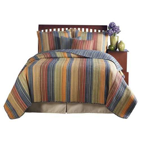 Image of Full / Queen 100% Cotton Quilt Set with Red Orange Blue Brown Stripes